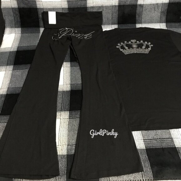 VS PINK FLARE LEGGINGS IN PURE BLACK BLING & CAMPUS TEE IN LIMITED EDITION XS-2X - Picture 3 of 10